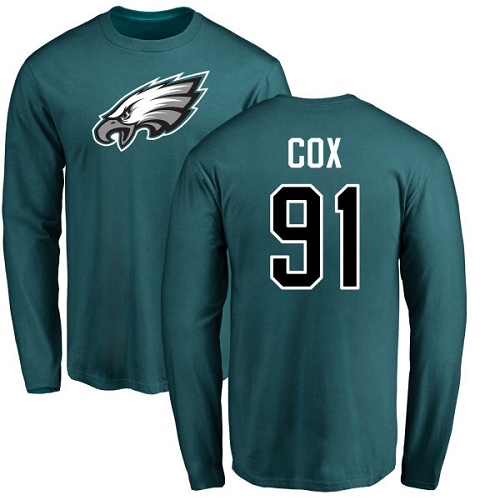 Men Philadelphia Eagles #91 Fletcher Cox Green Name and Number Logo Long Sleeve NFL T Shirt->philadelphia eagles->NFL Jersey